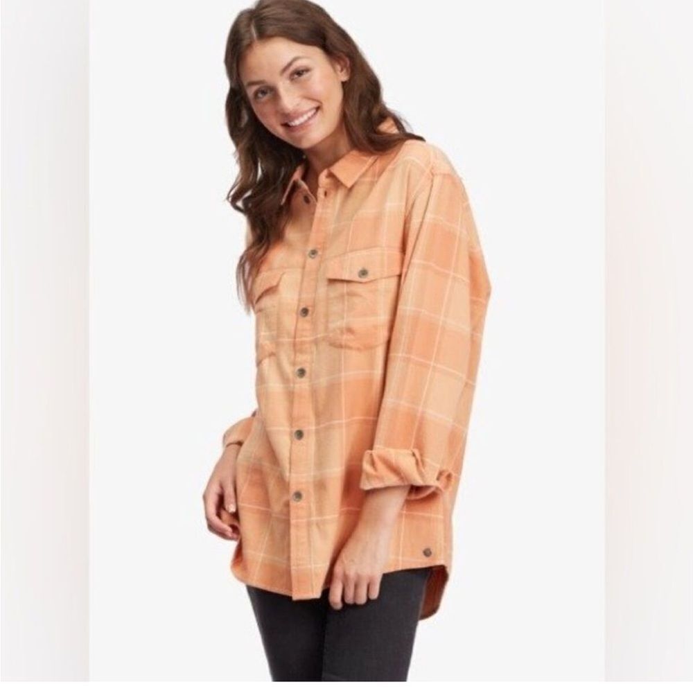NWT ROXY Turn It Up Check Button Down Shirt Orange White Size Large